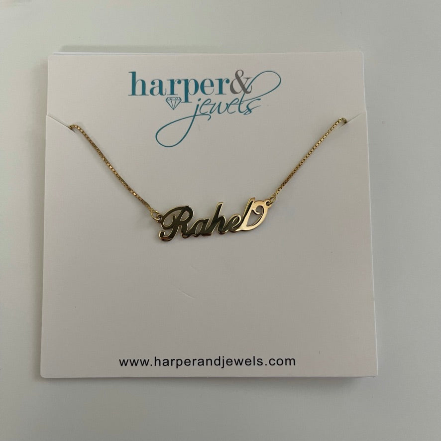 this is an image of our nameplate necklace rahel on a white background