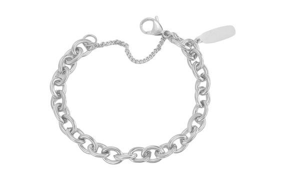 This is an image of our silver chain link tag bracelet with a white background