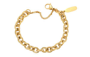 This is an image of our gold chain link tag bracelet with a white background