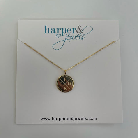 Family disc necklace on harper & jewels card