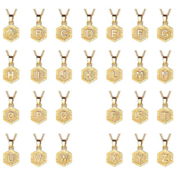 This is an image of all of the gold hexagon initial pendants on a white background