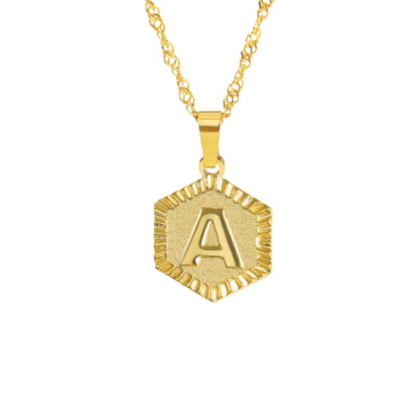 This is an image of our Gold Hexagon Medallion Necklace A on a white background