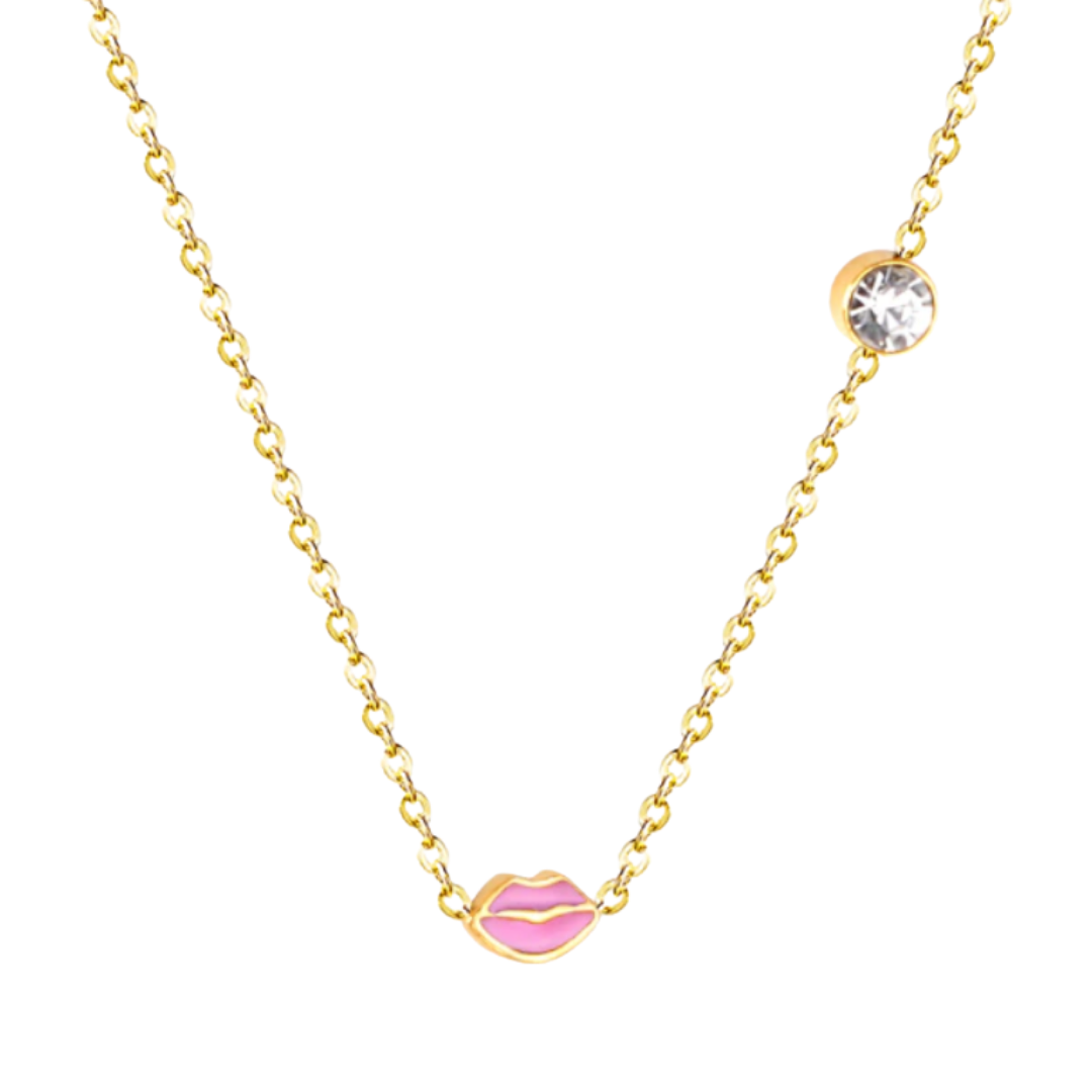 This is an image of our enamel lip necklace with a cz stone on a white background