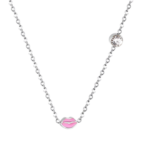 This is an image of our enamel lip necklace with a cz stone on a white background