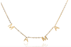 This is an image of our gold hanging letter MAMA necklace on a white background