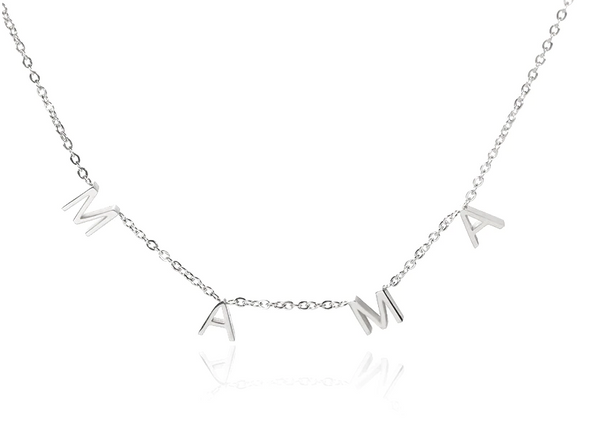 This is an image of our silver MAMA hanging letter necklace