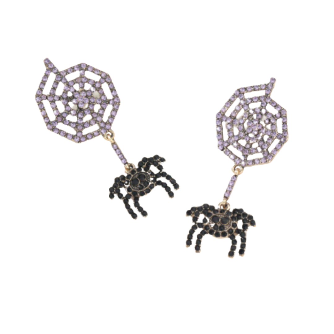 This is an image of purple and black spider and web earrings with a white background