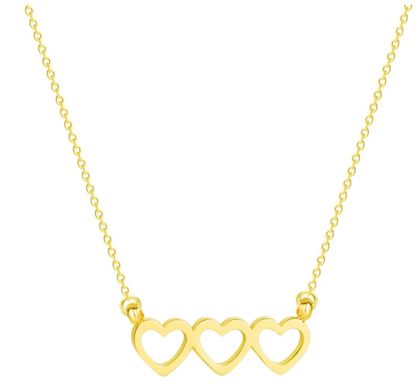 This is a stock image of our gold triple heart necklace on a white background
