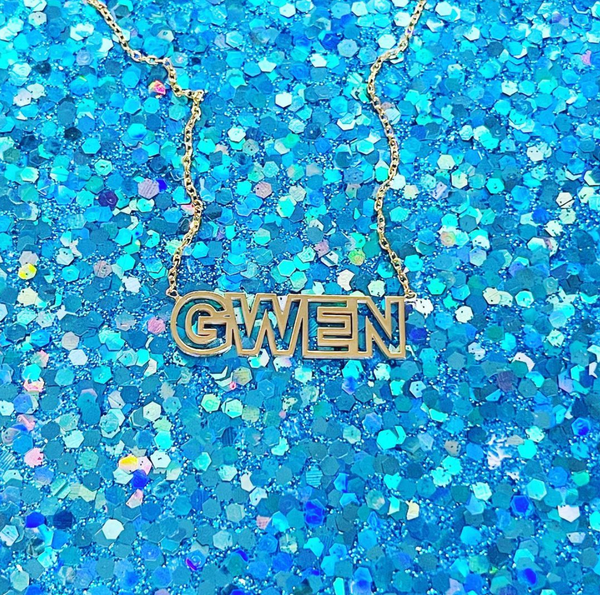 Gwen BLOCK name necklace on blue glitter
