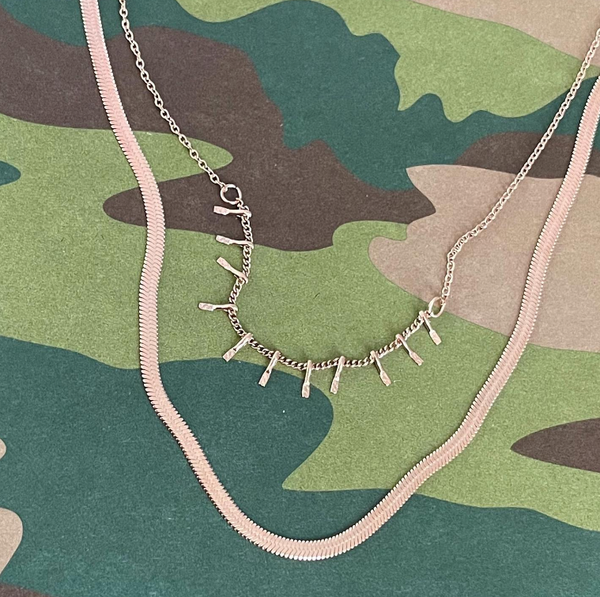 This is an image of our perfect layers necklace in rose gold on a camo background