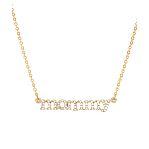 This is an image of our gold Mommy necklace with cz stones on a white background