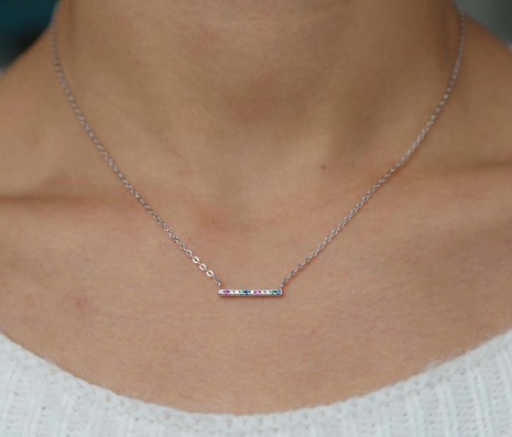 Tiny CZ Sterling Silver Rainbow Bar Necklace