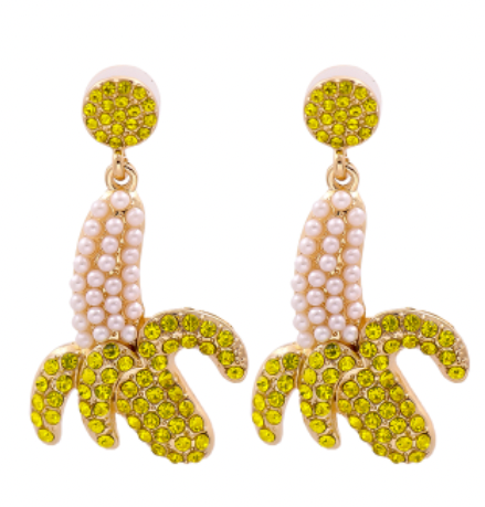 This is an image of our rhinestone and pearl banana statement earrings