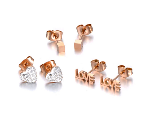 This is an image of our rose gold heart lvoe 3 peice stud earring set.
