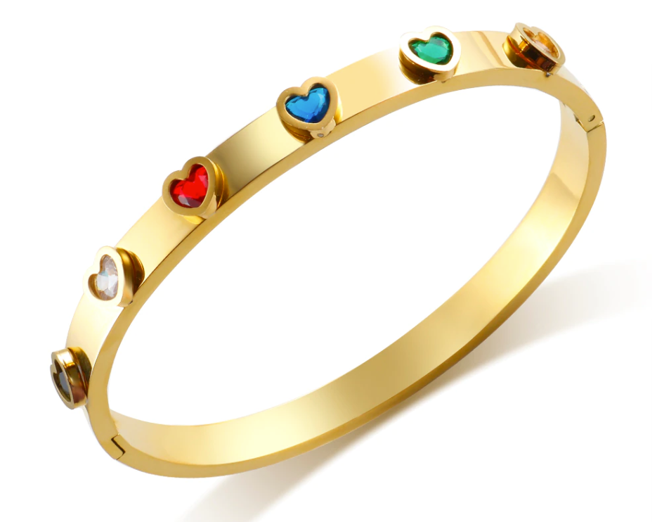 Rainbow Heart Bangle Bracelet with CZ stones