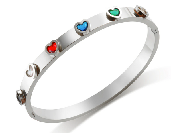 Rainbow Heart Bangle Bracelet with CZ stones